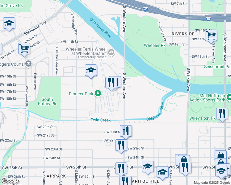 map of restaurants, bars, coffee shops, grocery stores, and more near 1701 South Western Avenue in Oklahoma City
