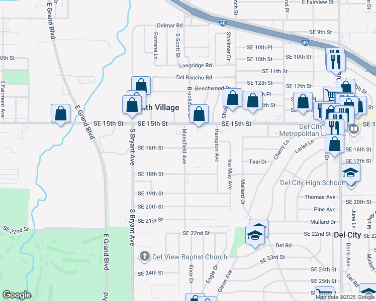 map of restaurants, bars, coffee shops, grocery stores, and more near 1700 Mansfield Avenue in Del City