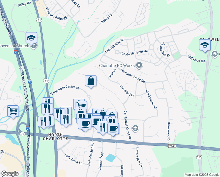map of restaurants, bars, coffee shops, grocery stores, and more near 17310 Cambridge Grove Drive in Huntersville