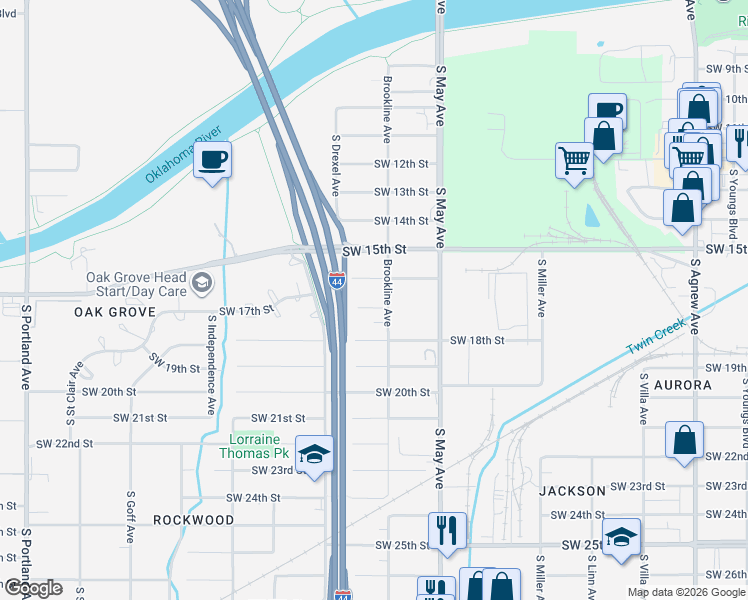 map of restaurants, bars, coffee shops, grocery stores, and more near 3027 Southwest 17th Street in Oklahoma City