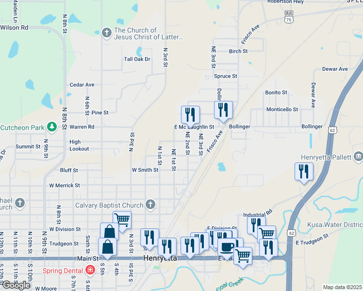 map of restaurants, bars, coffee shops, grocery stores, and more near 810 Northeast 1st Street in Henryetta