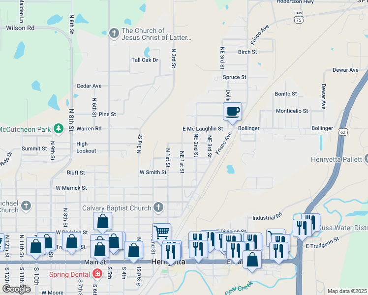 map of restaurants, bars, coffee shops, grocery stores, and more near 810 Northeast 1st Street in Henryetta