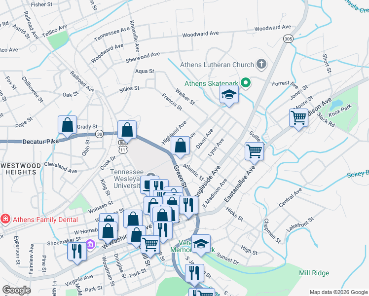 map of restaurants, bars, coffee shops, grocery stores, and more near 305 Houston Street in Athens