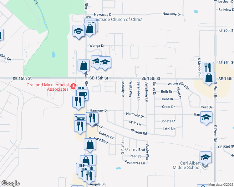 map of restaurants, bars, coffee shops, grocery stores, and more near 1708 Ember Lane in Midwest City