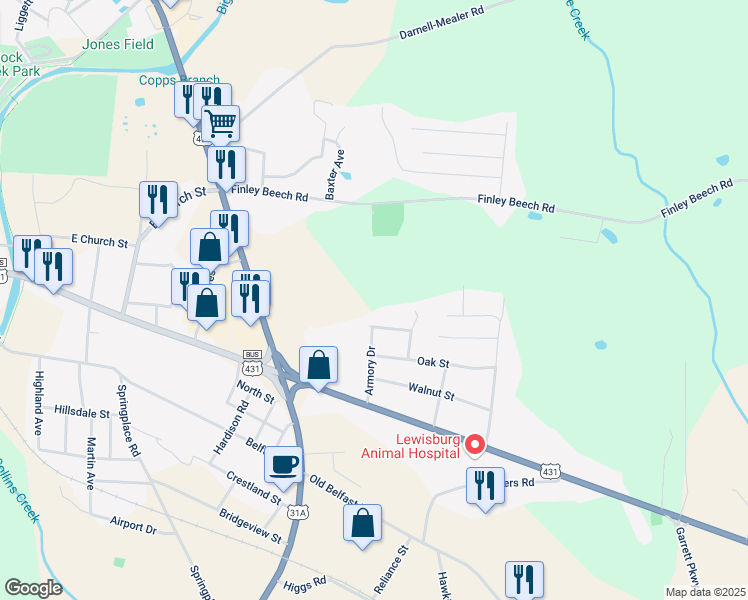 map of restaurants, bars, coffee shops, grocery stores, and more near 909 Battery Drive in Lewisburg