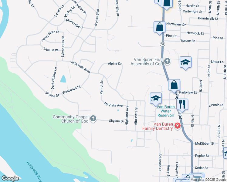 map of restaurants, bars, coffee shops, grocery stores, and more near 110 Vista Hills Boulevard in Van Buren