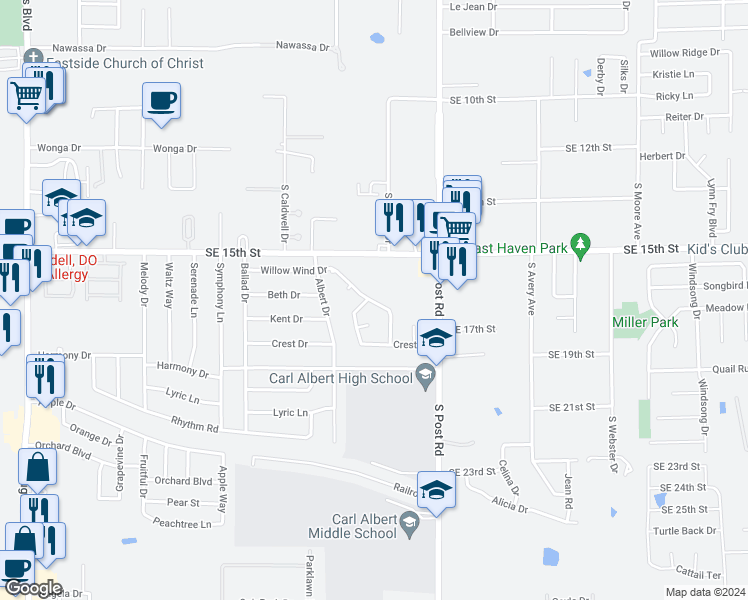 map of restaurants, bars, coffee shops, grocery stores, and more near 9843 Willow Wind Drive in Midwest City