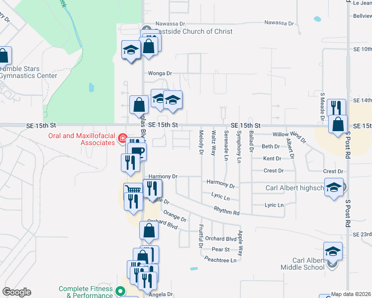 map of restaurants, bars, coffee shops, grocery stores, and more near 1708 Ember Lane in Midwest City