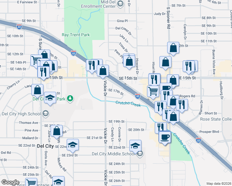 map of restaurants, bars, coffee shops, grocery stores, and more near 4728 Southeast 17th Street in Del City