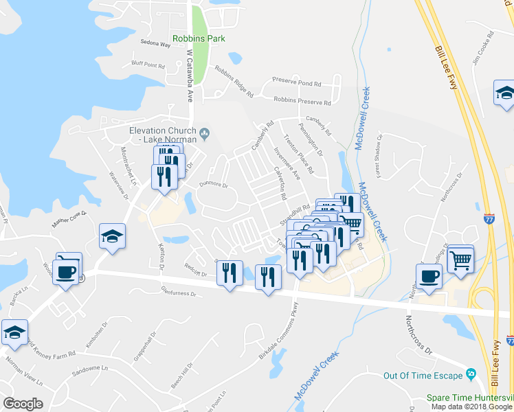 map of restaurants, bars, coffee shops, grocery stores, and more near 8230 Townley Road in Huntersville
