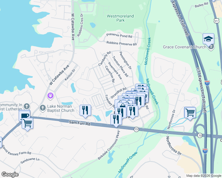 map of restaurants, bars, coffee shops, grocery stores, and more near 8116 Parkton Gate Drive in Huntersville