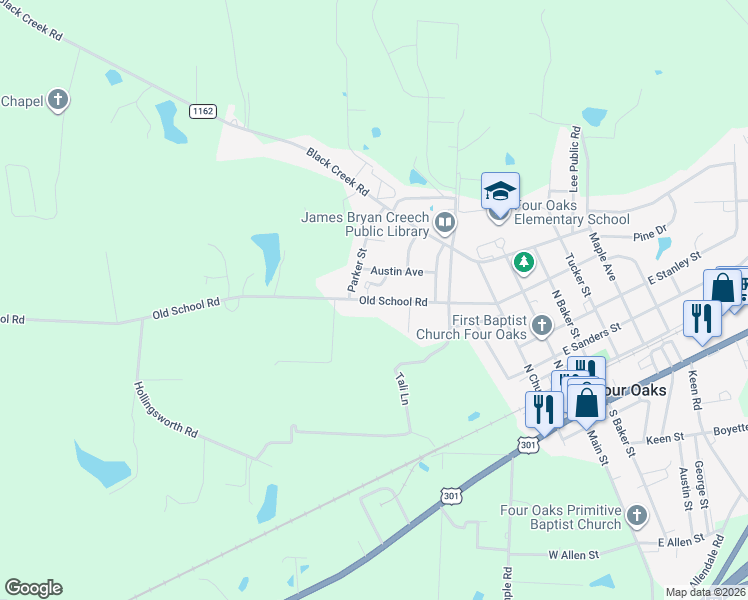 map of restaurants, bars, coffee shops, grocery stores, and more near 851 Old School Road in Four Oaks