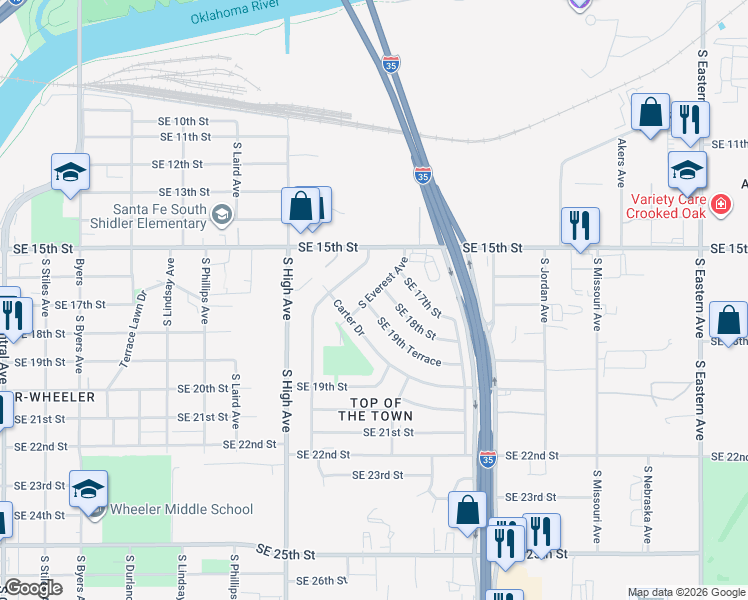 map of restaurants, bars, coffee shops, grocery stores, and more near 1910 South Everest Avenue in Oklahoma City