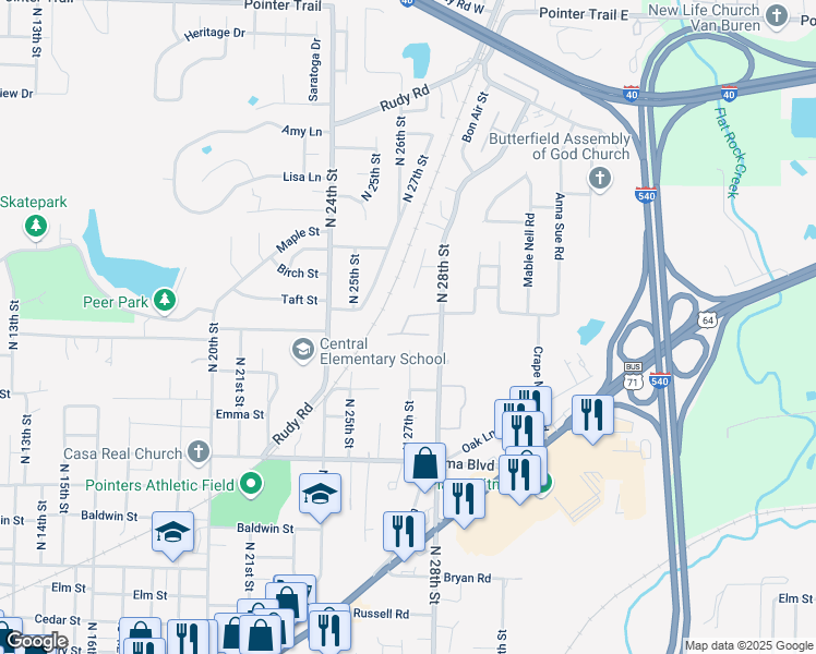 map of restaurants, bars, coffee shops, grocery stores, and more near 1005 North 28th Street in Van Buren