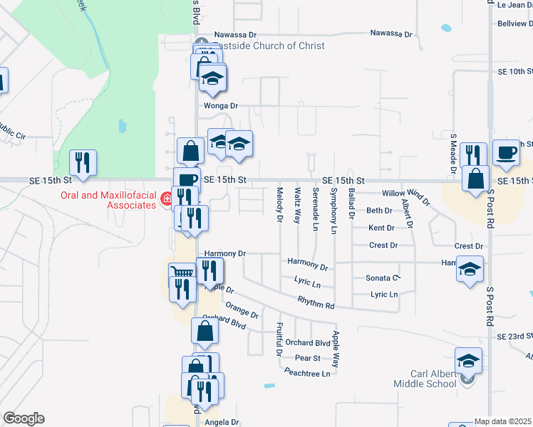 map of restaurants, bars, coffee shops, grocery stores, and more near 1708 Ember Lane in Midwest City