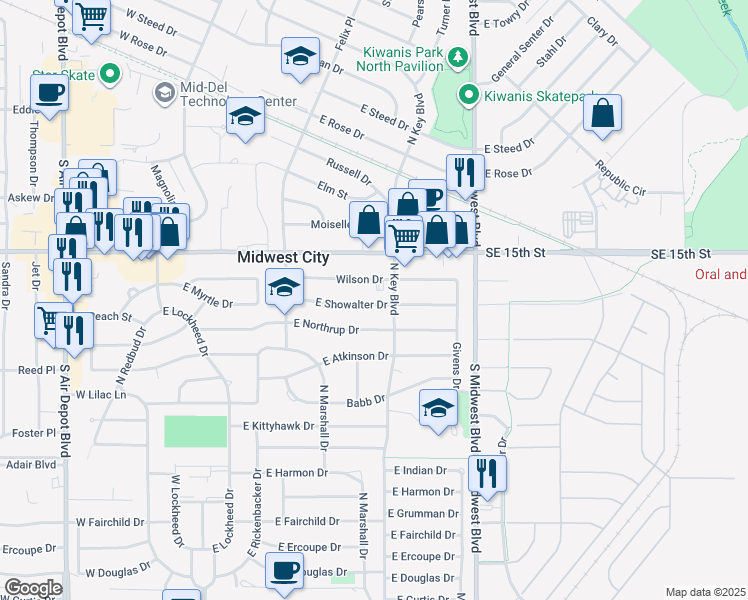 map of restaurants, bars, coffee shops, grocery stores, and more near 417 East Showalter Drive in Midwest City