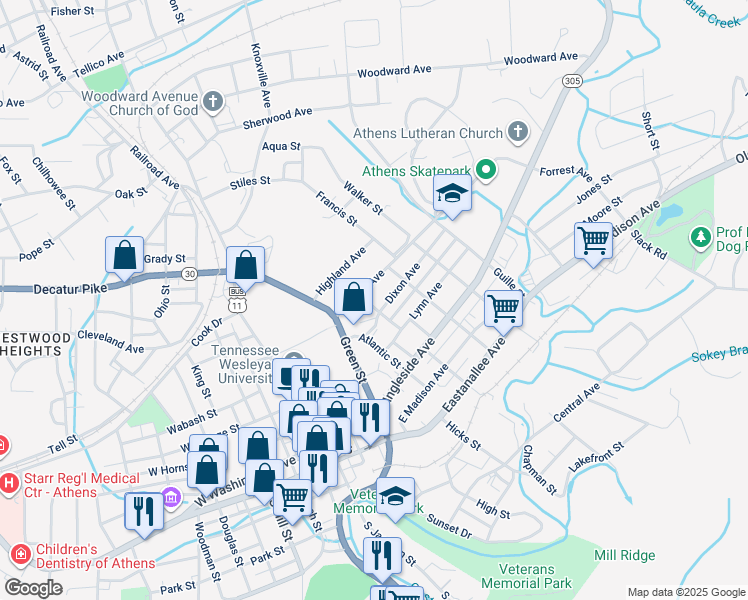 map of restaurants, bars, coffee shops, grocery stores, and more near 305 Houston St in Athens