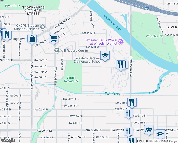 map of restaurants, bars, coffee shops, grocery stores, and more near 1213 Southwest 17th Street in Oklahoma City