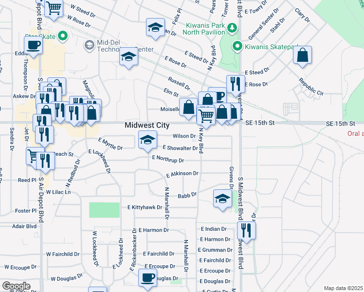 map of restaurants, bars, coffee shops, grocery stores, and more near 415 East Showalter Drive in Midwest City