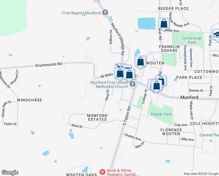 map of restaurants, bars, coffee shops, grocery stores, and more near 106 West Drive in Munford