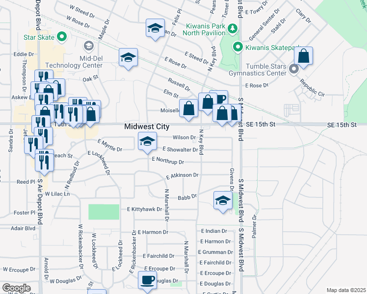 map of restaurants, bars, coffee shops, grocery stores, and more near 417 East Showalter Drive in Midwest City
