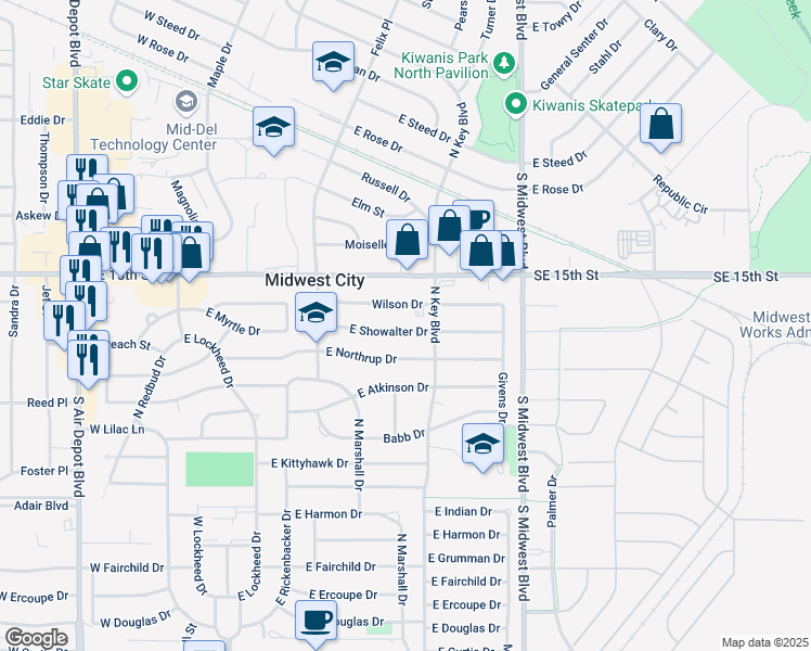 map of restaurants, bars, coffee shops, grocery stores, and more near 421 East Showalter Drive in Oklahoma City