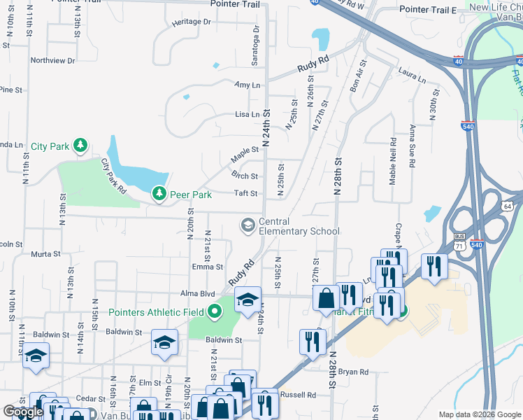 map of restaurants, bars, coffee shops, grocery stores, and more near 2313 Woodrow Street in Van Buren