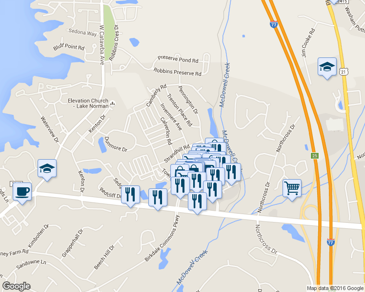 map of restaurants, bars, coffee shops, grocery stores, and more near 8219 Strandhill Rd in Huntersville