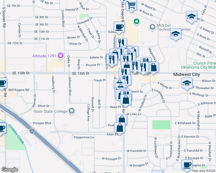 map of restaurants, bars, coffee shops, grocery stores, and more near 1122 Sandra Drive in Midwest City