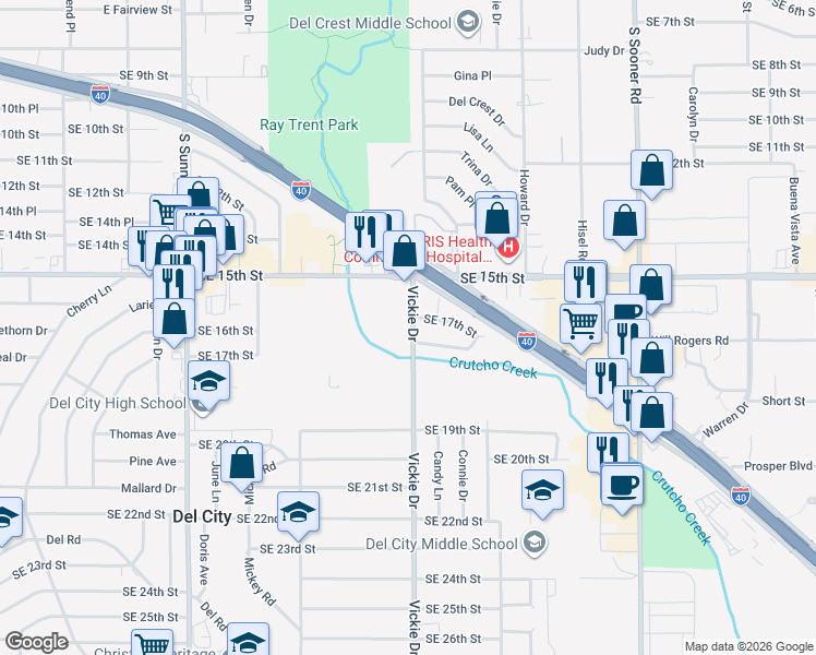 map of restaurants, bars, coffee shops, grocery stores, and more near 1701 Vickie Drive in Del City