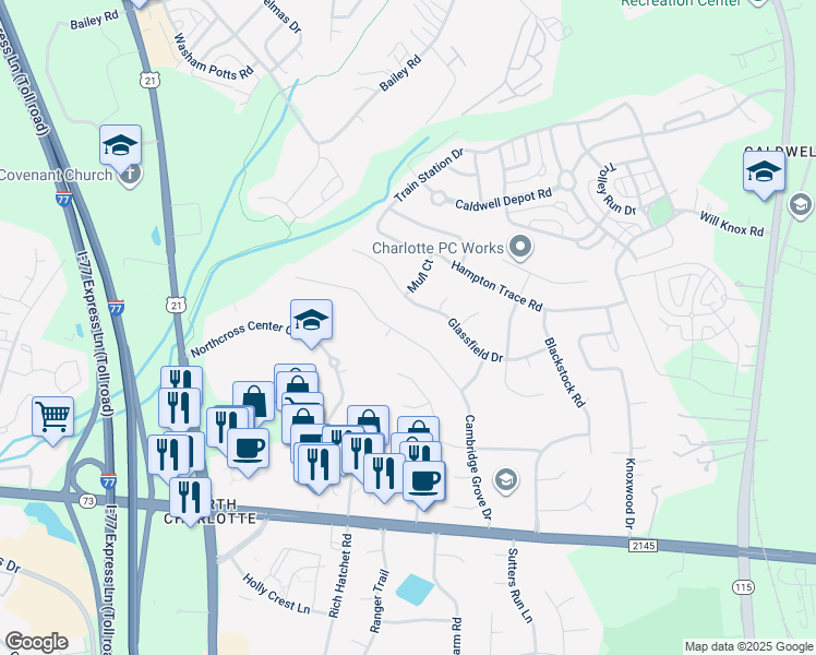map of restaurants, bars, coffee shops, grocery stores, and more near 17310 Cambridge Grove Drive in Huntersville