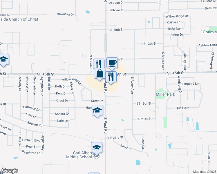 map of restaurants, bars, coffee shops, grocery stores, and more near 1628 South Post Road in Midwest City