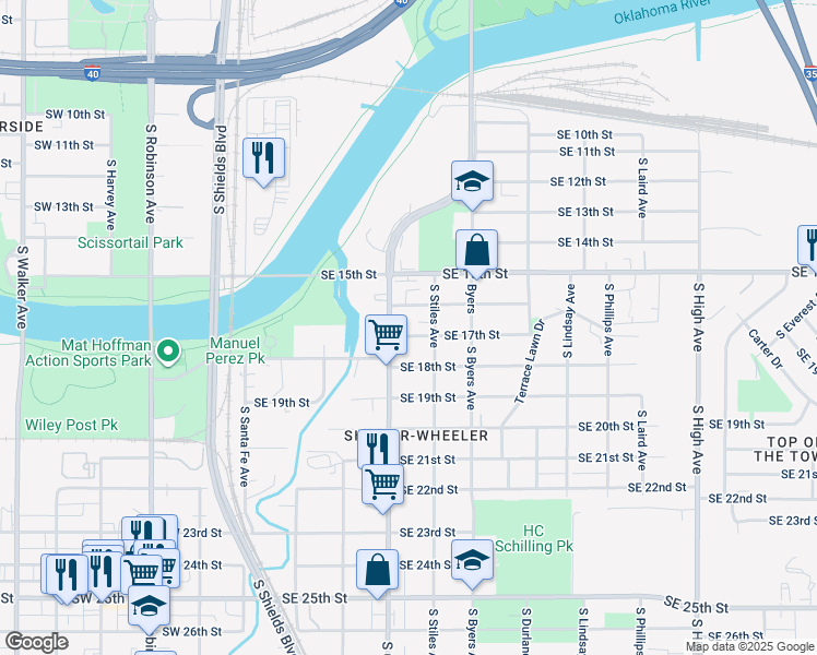 map of restaurants, bars, coffee shops, grocery stores, and more near 315 Southeast 17th Street in Oklahoma City