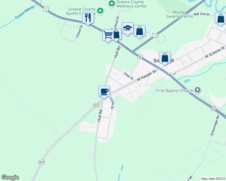 map of restaurants, bars, coffee shops, grocery stores, and more near 809 West Harper Street in Snow Hill