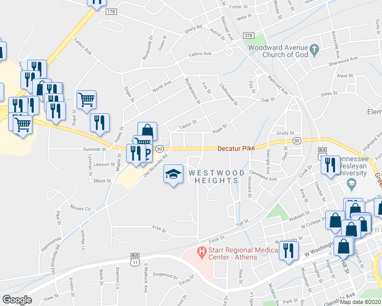 map of restaurants, bars, coffee shops, grocery stores, and more near 708 Watson Street in Athens