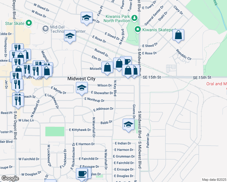 map of restaurants, bars, coffee shops, grocery stores, and more near 443 East Showalter Drive in Midwest City