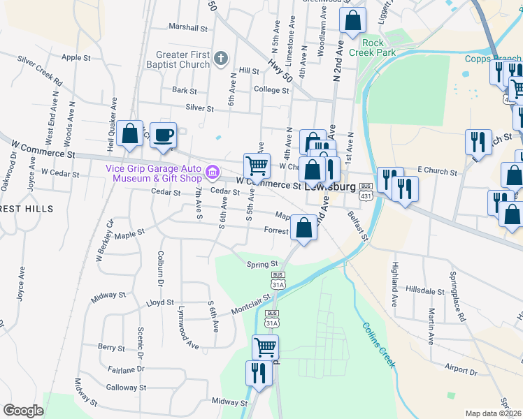 map of restaurants, bars, coffee shops, grocery stores, and more near 426 Maple Street in Lewisburg