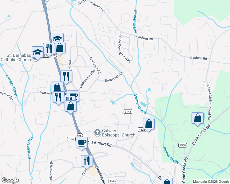 map of restaurants, bars, coffee shops, grocery stores, and more near 140 White Oak Extension in Arden
