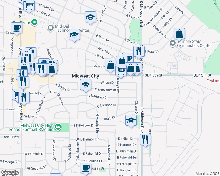 map of restaurants, bars, coffee shops, grocery stores, and more near 423 Showalter Dr in Midwest City