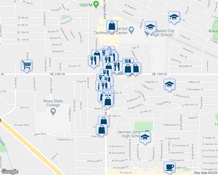 map of restaurants, bars, coffee shops, grocery stores, and more near 1704 S Air Depot Blvd in Midwest City