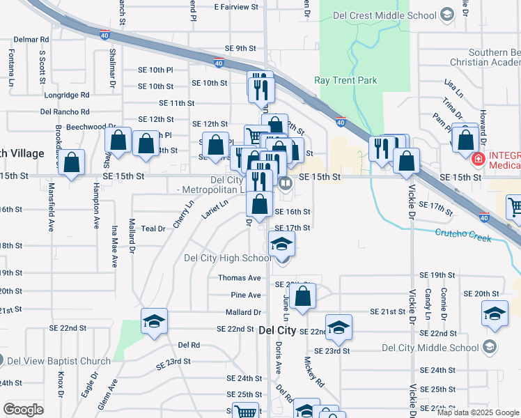 map of restaurants, bars, coffee shops, grocery stores, and more near 1713 South Sunnylane Road in Del City