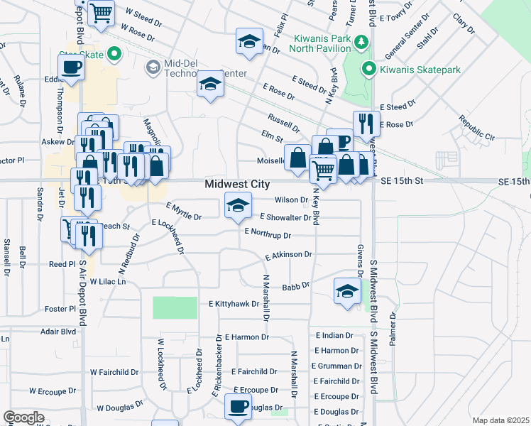 map of restaurants, bars, coffee shops, grocery stores, and more near 401 East Showalter Drive in Midwest City
