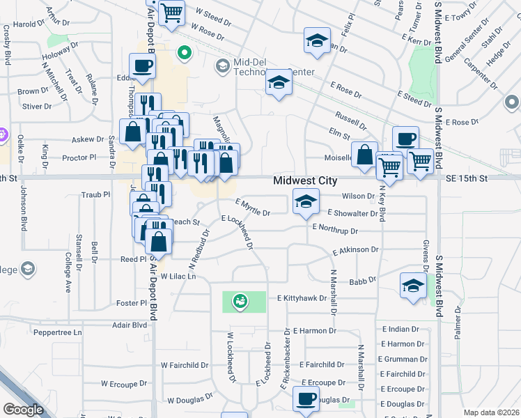map of restaurants, bars, coffee shops, grocery stores, and more near 213 E Myrtle Dr in Midwest City