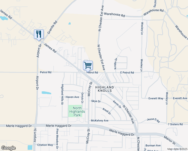 map of restaurants, bars, coffee shops, grocery stores, and more near 801 James Road in Bakersfield