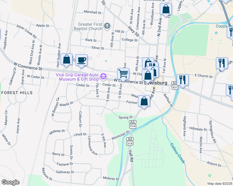 map of restaurants, bars, coffee shops, grocery stores, and more near 517 Maple Street in Lewisburg