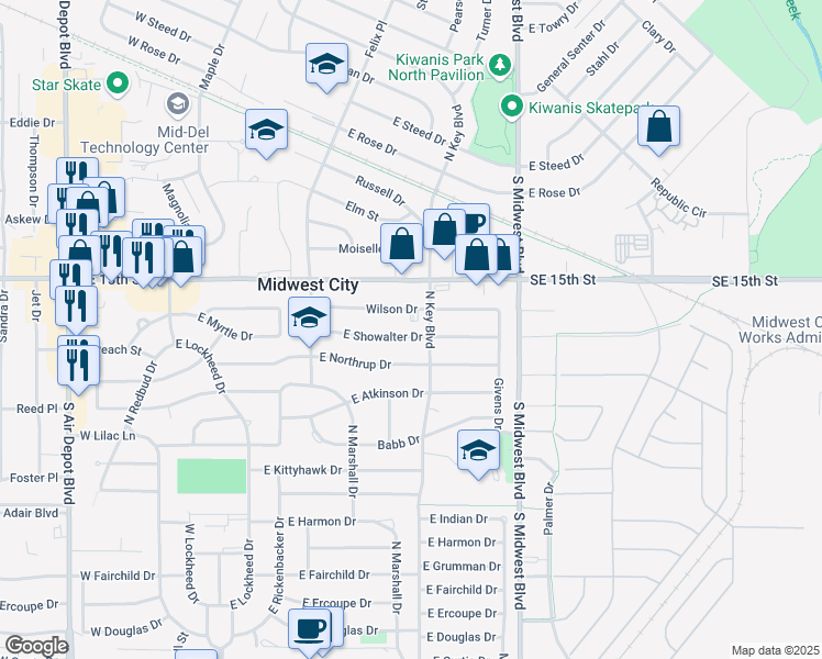 map of restaurants, bars, coffee shops, grocery stores, and more near 443 East Showalter Drive in Midwest City
