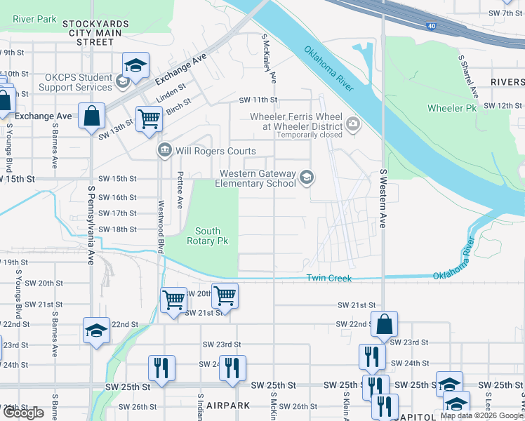 map of restaurants, bars, coffee shops, grocery stores, and more near 1213 Southwest 17th Street in Oklahoma City