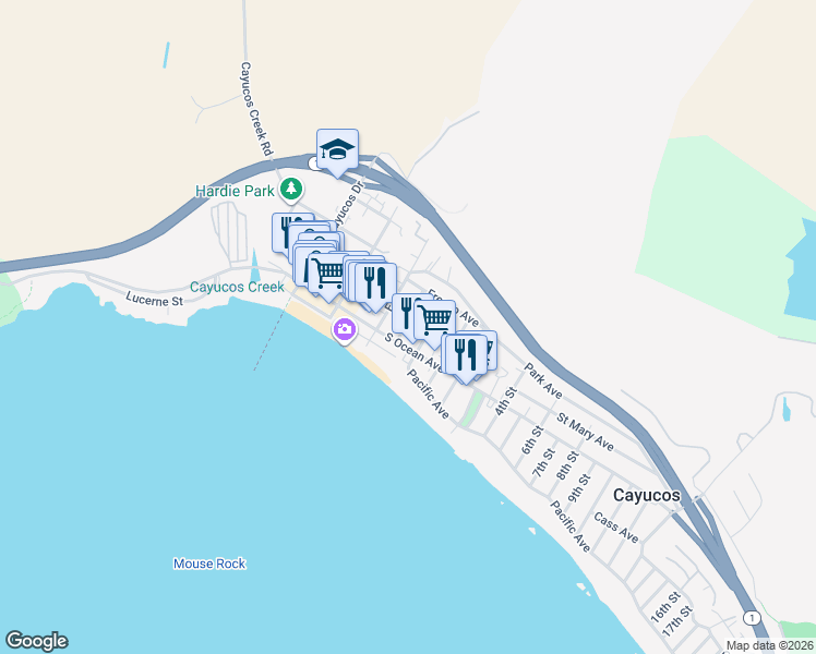 map of restaurants, bars, coffee shops, grocery stores, and more near 32 Saint Mary Avenue in Cayucos