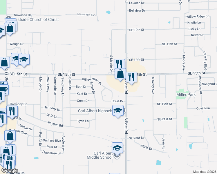 map of restaurants, bars, coffee shops, grocery stores, and more near 9843 Willow Wind Drive in Midwest City