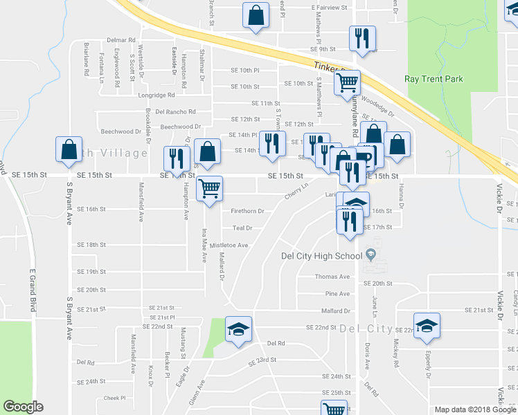 map of restaurants, bars, coffee shops, grocery stores, and more near 3701 Firethorn Drive in Del City